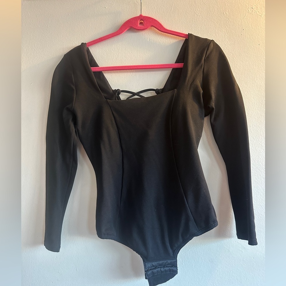 TA3 Black square neck Long Sleeve thong Bodysuit